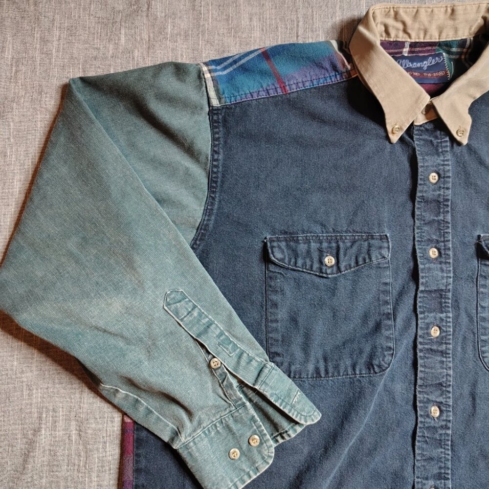 Vintage Wrangler Shirt Mens Long Tail Western Pearl Snap Brushpopper Patchwork - Picture 9 of 13